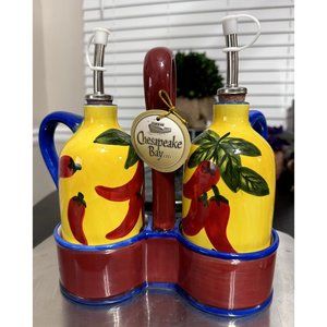 Vintage Chesapeake Bay 3 Piece Chili Pepper Oil & Vinegar Set - NOS